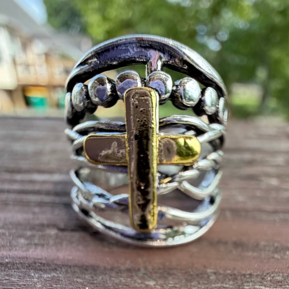 Mixed Metal Cross Ring Multi Row Stacked Band Western Boho Costume Jewelry - 6